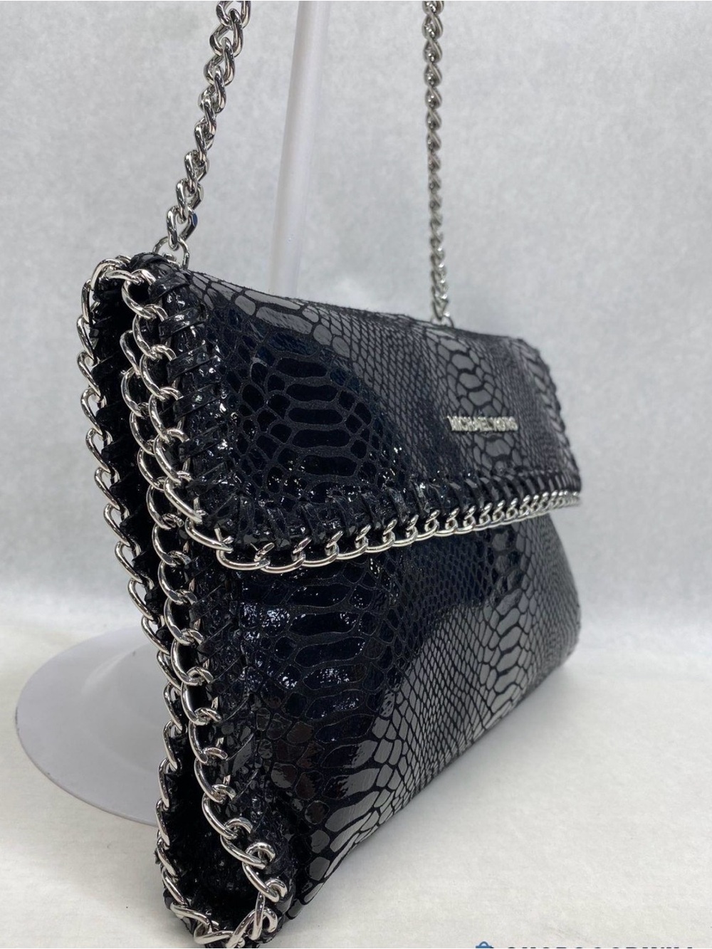 Michael Kors Chelsea Glossy Black Emb Soft Leather Clutch Chain Shldr Purse